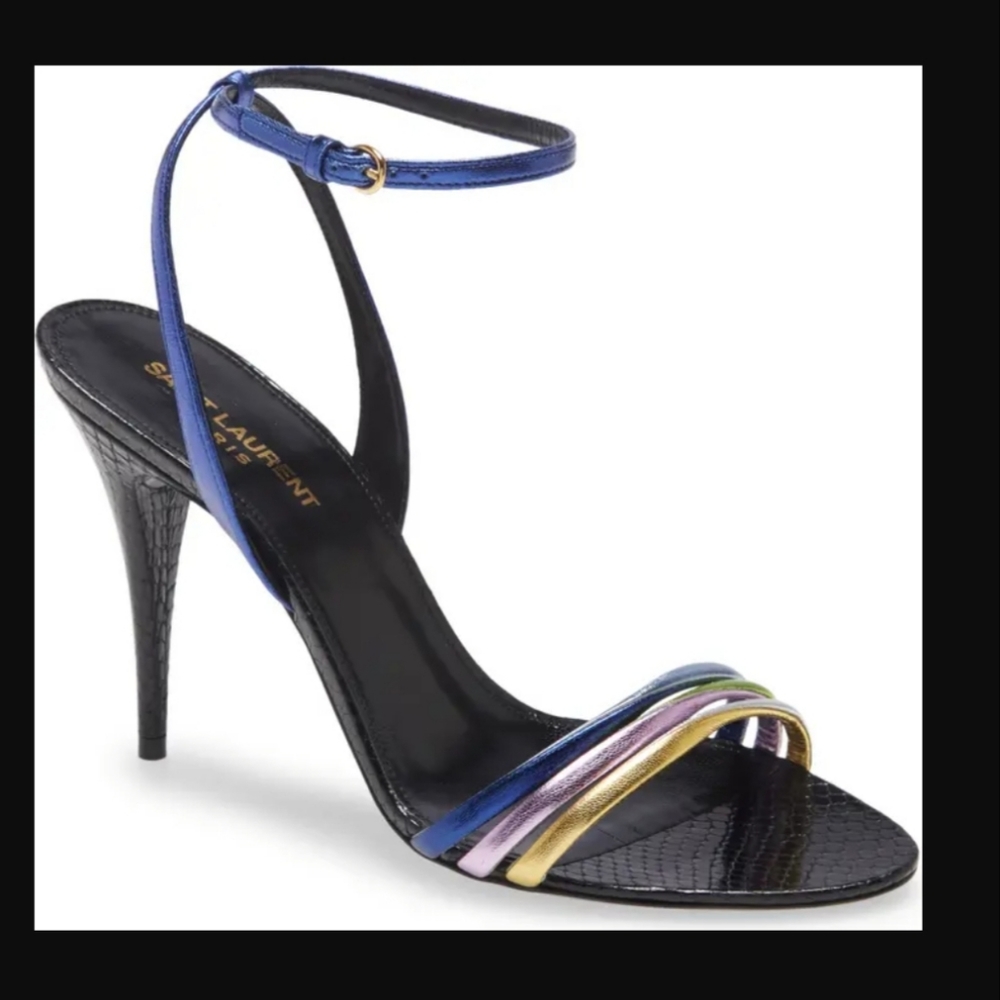 Saint Laurent Sexy Black Manhattan Metallic Leather Ankle Strap Sandals 2022